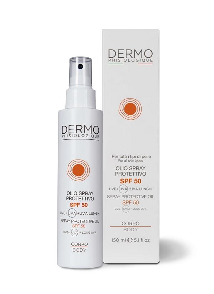 SPF 50 Olio Spray Protettivo Corpo - Olio spray ad alta protezione SPF 50, dalla texture trasparente, regala alla pelle una finitura vellutata, asciutta e senza effetto unto.